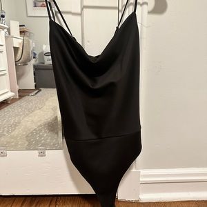Socialite black satin cowl neck body suit.